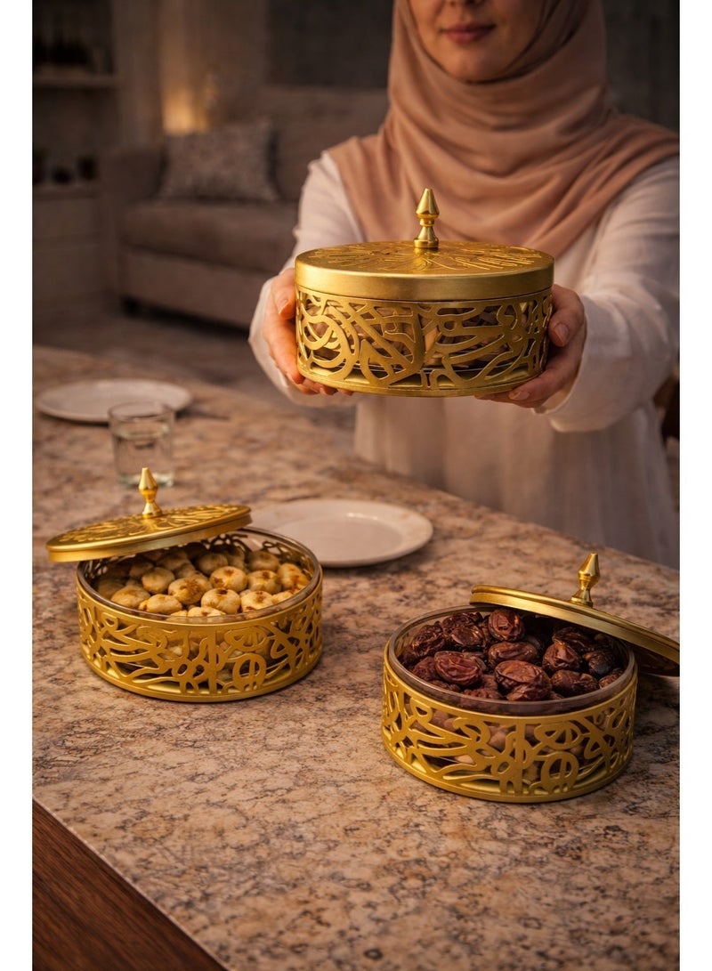 OLUDENIZ 3-Piece Luxury Arabic Calligraphy Dates Bowl Set – Gold Metal & Glass – Premium Ramadan Serving Collection - Image 4